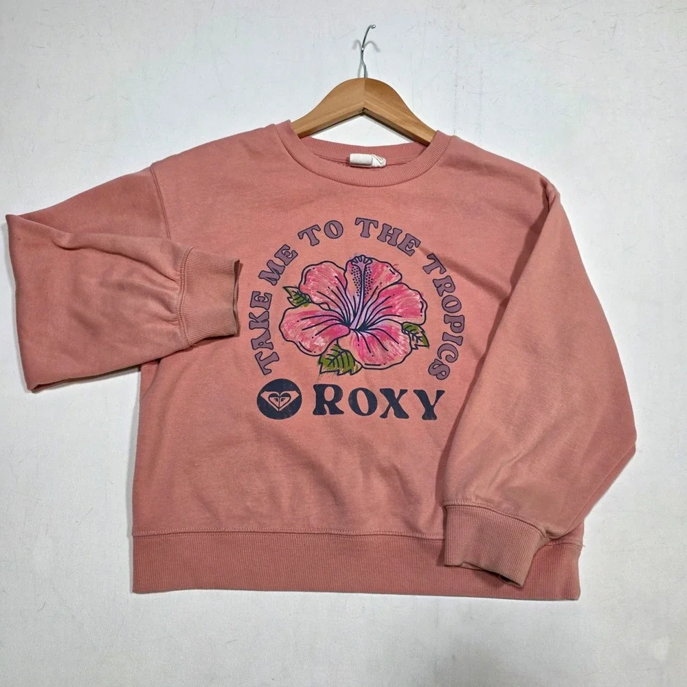 Roxy Sweatshirt Girls Medium 8/10 Pink Take Me To The Tropics Hibiscus RSFIB11S